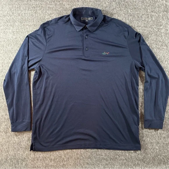 Greg Norman XL Tall Long Sleeve Navy Blue Performance Polo Shark Logo Golf - Picture 1 of 6